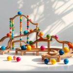 Bunte Holzkugelbahn mit Murmeln auf hellem Untergrund