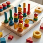 Buntes Montessori Steckspiel aus Holz auf hellem Untergrund