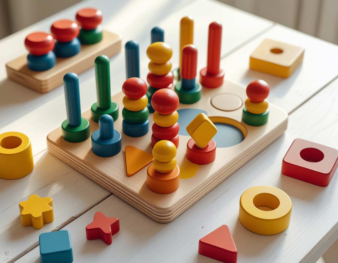 Buntes Montessori Steckspiel aus Holz auf hellem Untergrund