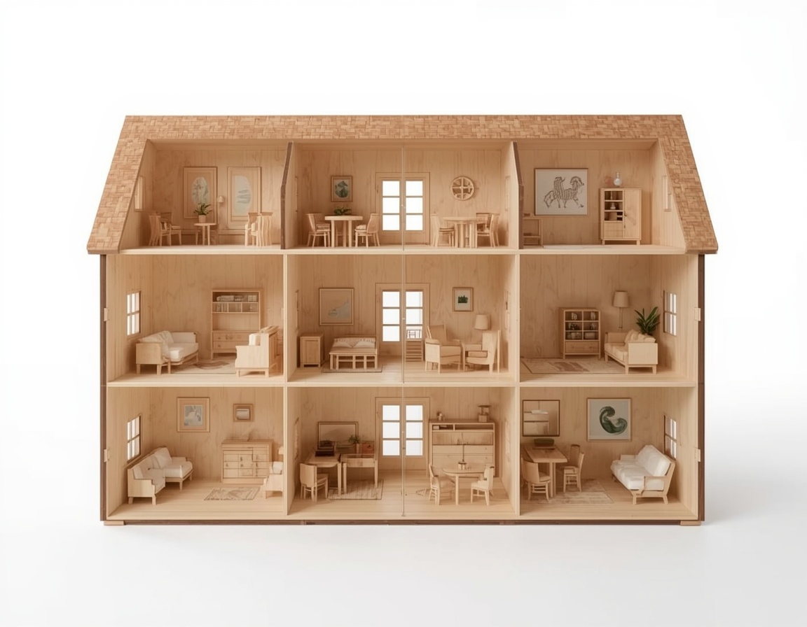 Puppenhaus zum Aufklappen aus Holz mit aufgeklappten Seiten und eingerichteten Zimmern
