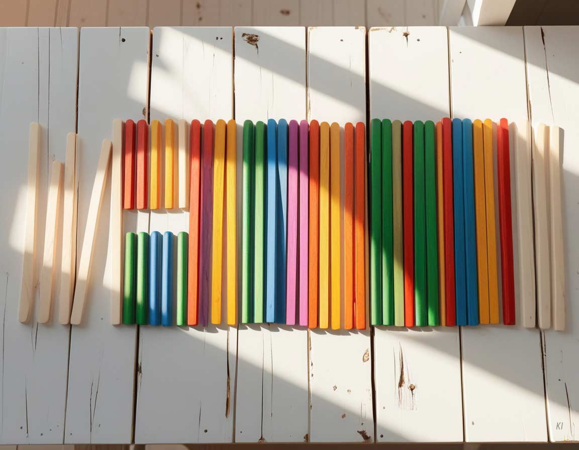 Bunte Rechenstäbchen aus Holz auf hellem Untergrund