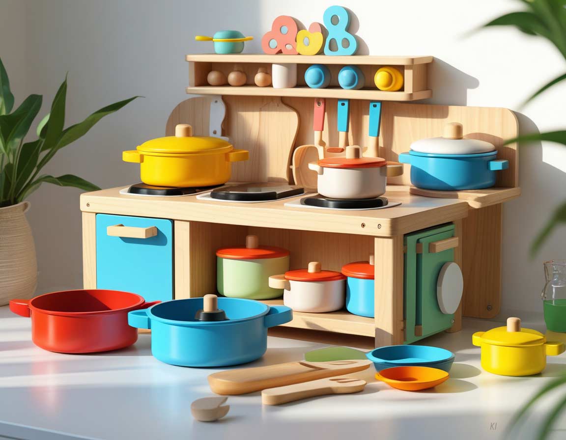 Bunte Kinderküche aus Holz mit Zubehör