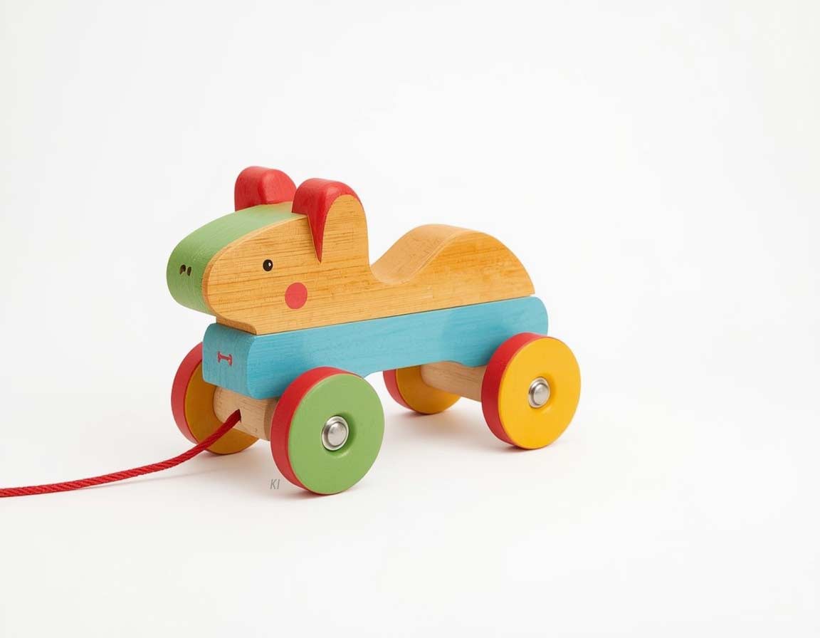 Buntes Nachziehspielzeug aus Holz auf Rädern mit Schnur für Kleinkinder