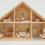 Puppenhaus aus Holz mit Möbeln und eingerichteten Zimmern