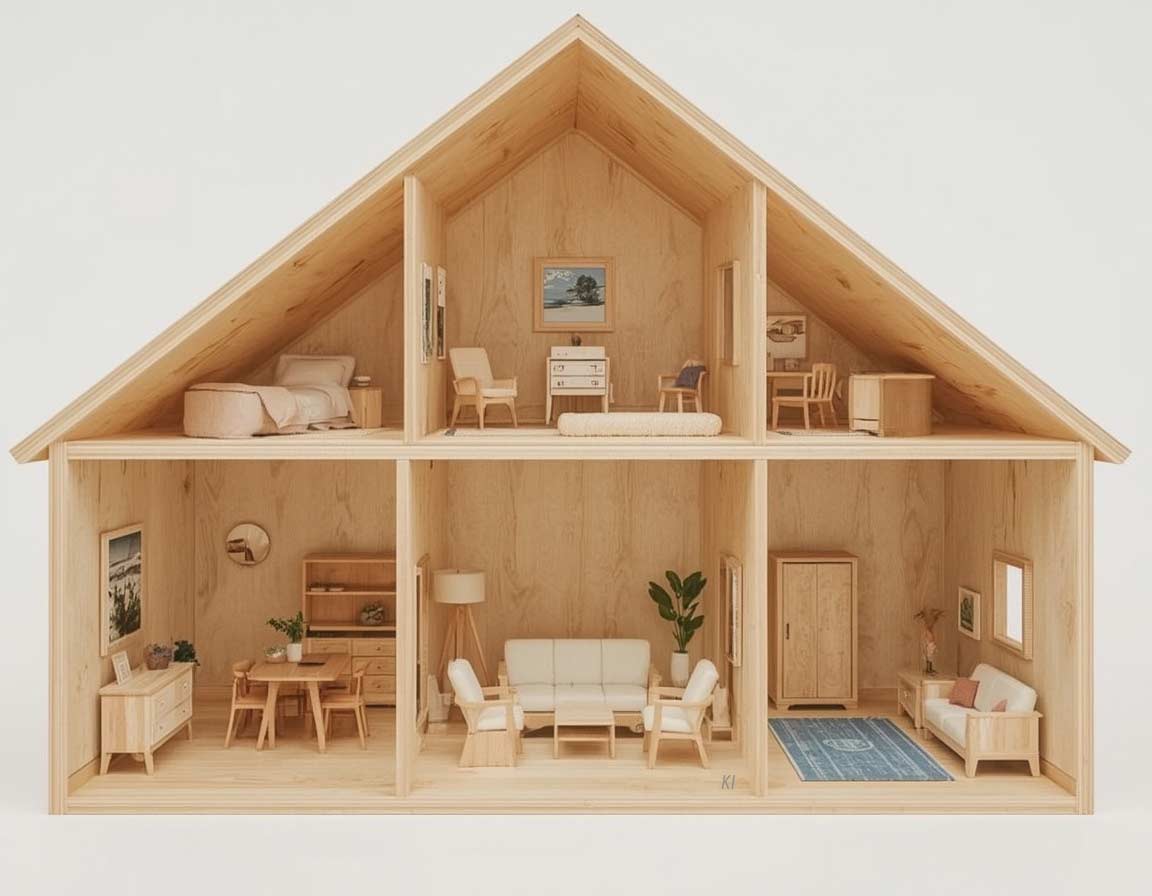 Puppenhaus aus Holz mit Möbeln und eingerichteten Zimmern