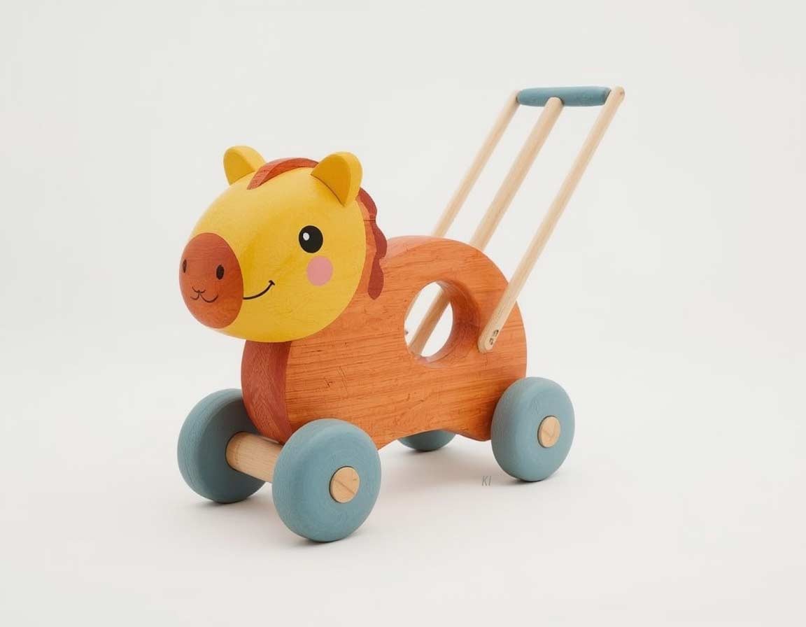Buntes Schiebetier aus Holz auf Rädern für Kleinkinder
