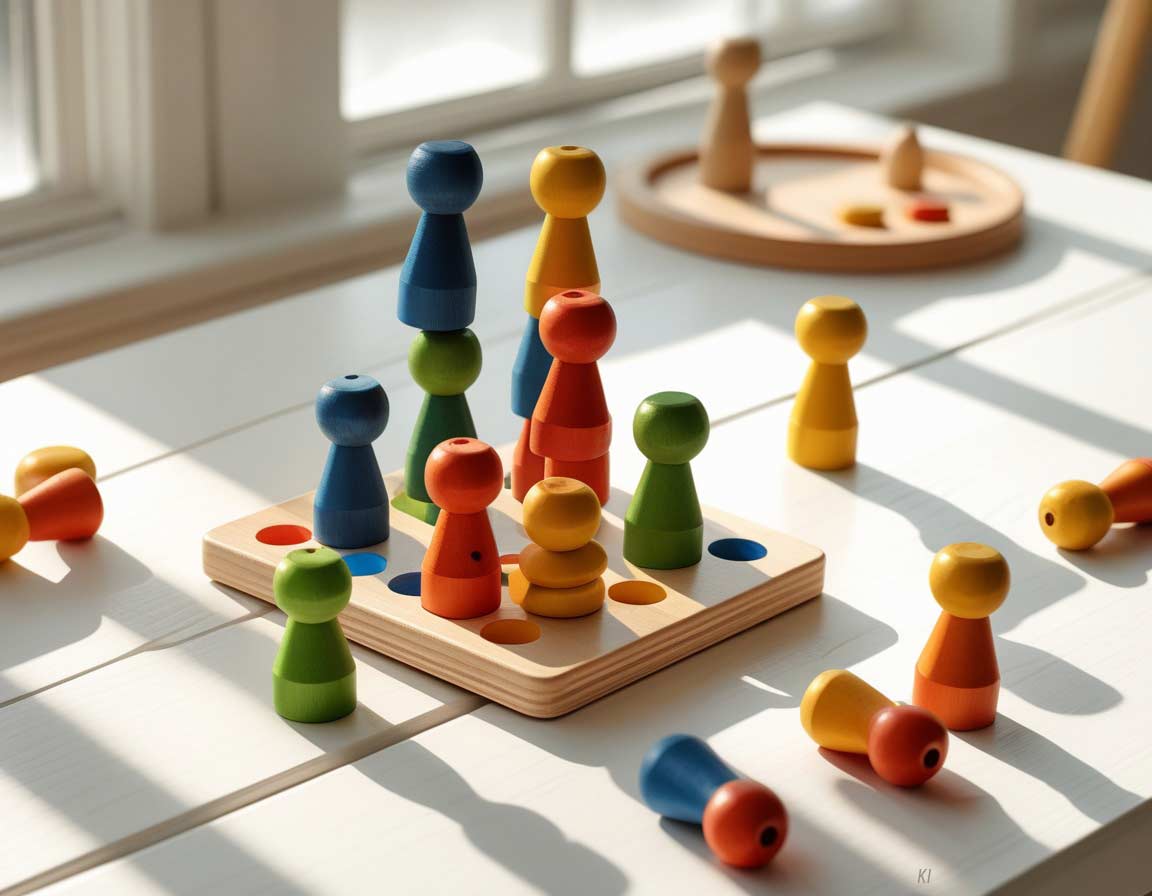 Buntes Steckspiel aus Holz mit Stiften auf hellem Untergrund