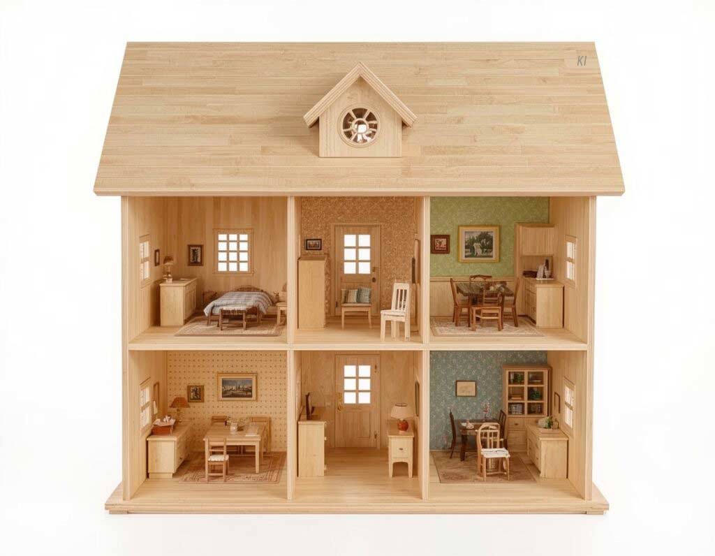 Fertiges Puppenhaus aus Holz selber bauen mit offener Front und eingerichteten Zimmern