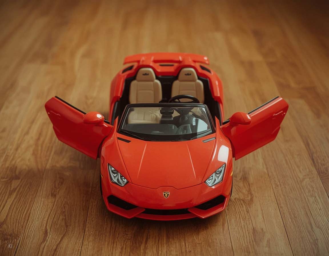 Buntes Kinderspielzeugauto mit geöffneten Türen Buntes Kinderspielzeugauto mit geöffneten Türen